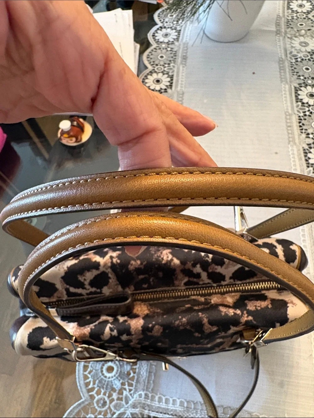 Coach Leopard-Print Canvas Satchel in Black and Brown with Gold Hardware